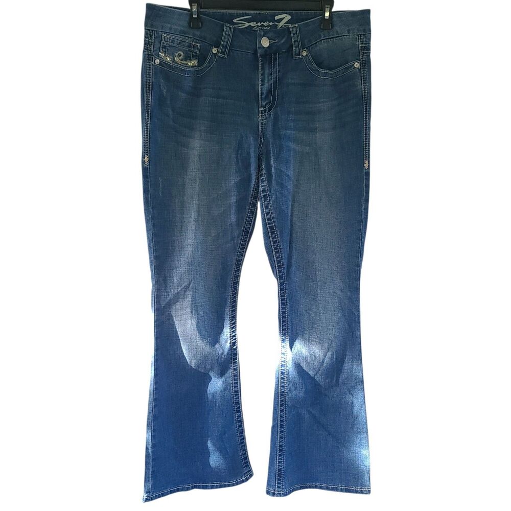 Seven7 Luxe Womens Slim Boot Jeans 16 Blue Distressed Embroidered Stretch Denim